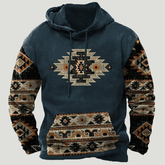 Mens Western Aztec Patchwork Hoodie