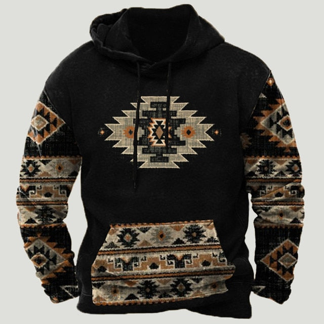 Mens Western Aztec Patchwork Hoodie