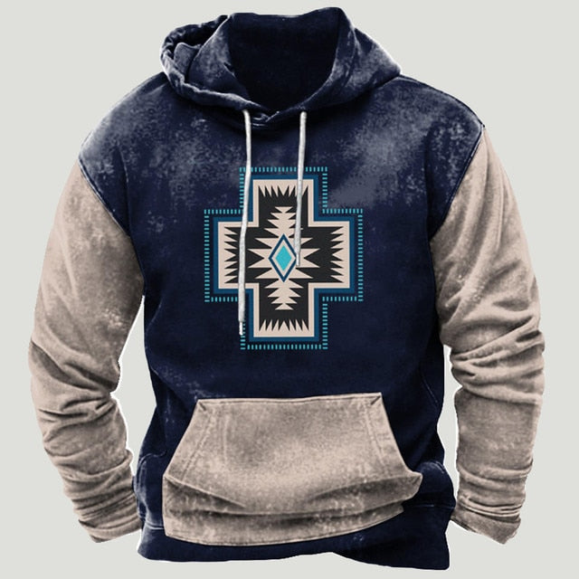 Mens Western Aztec Patchwork Hoodie