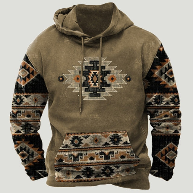 Mens Western Aztec Patchwork Hoodie