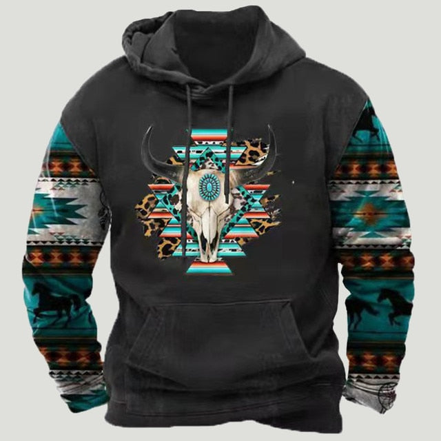 Mens Western Aztec Patchwork Hoodie